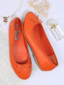 Da thuần chay Trang trí Bow Giày phẳng Ba lê - trái cam - Xem 2