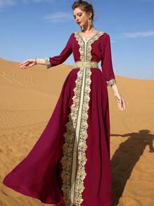 Al Najma Burgundy Red Contrast Guipure Lace Belted Kaftan - Burgundy - View 7