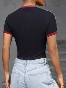SHEIN Unity Women's Colorblock Numeric Print Round Neck Short Sleeve Cropped T-Shirt - Black - View 2
