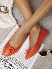 Da thuần chay Trang trí Bow Giày phẳng Ba lê - trái cam - Xem 3