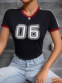SHEIN Unity Women's Colorblock Numeric Print Round Neck Short Sleeve Cropped T-Shirt - Black - View 6