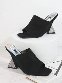 方形魚嘴一腳蹬坡跟高跟鞋 - 黑色 - 查看 2