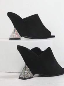 方形魚嘴一腳蹬坡跟高跟鞋 - 黑色 - 查看 3