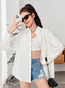 SHEIN Chica adolescente Camisa con abertura trasera de hombros caídos sin top de tirantes - Blanco - Ver 2