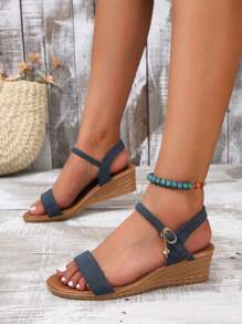 女士水鑽裝飾踝帶坡跟涼鞋,時尚涼鞋