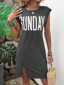 SHEIN LUNE Đầm Chia Lá thư Giải trí - Màu xám đen - Xem 1