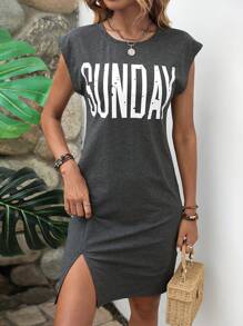 SHEIN LUNE Đầm Chia Lá thư Giải trí - Màu xám đen - Xem 3