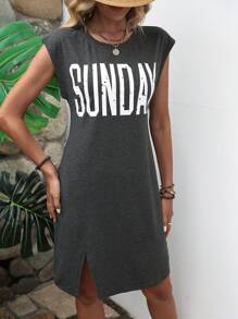 SHEIN LUNE Đầm Chia Lá thư Giải trí - Màu xám đen - Xem 5