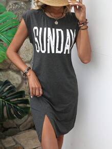 SHEIN LUNE Đầm Chia Lá thư Giải trí - Màu xám đen - Xem 6