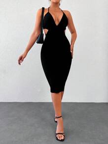 RueChic Cut Out Tie Backless Halter Bodycon Dress - Black - View 1