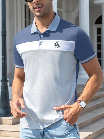 Calvornis Men Color Block Horse Print Polo Shirt