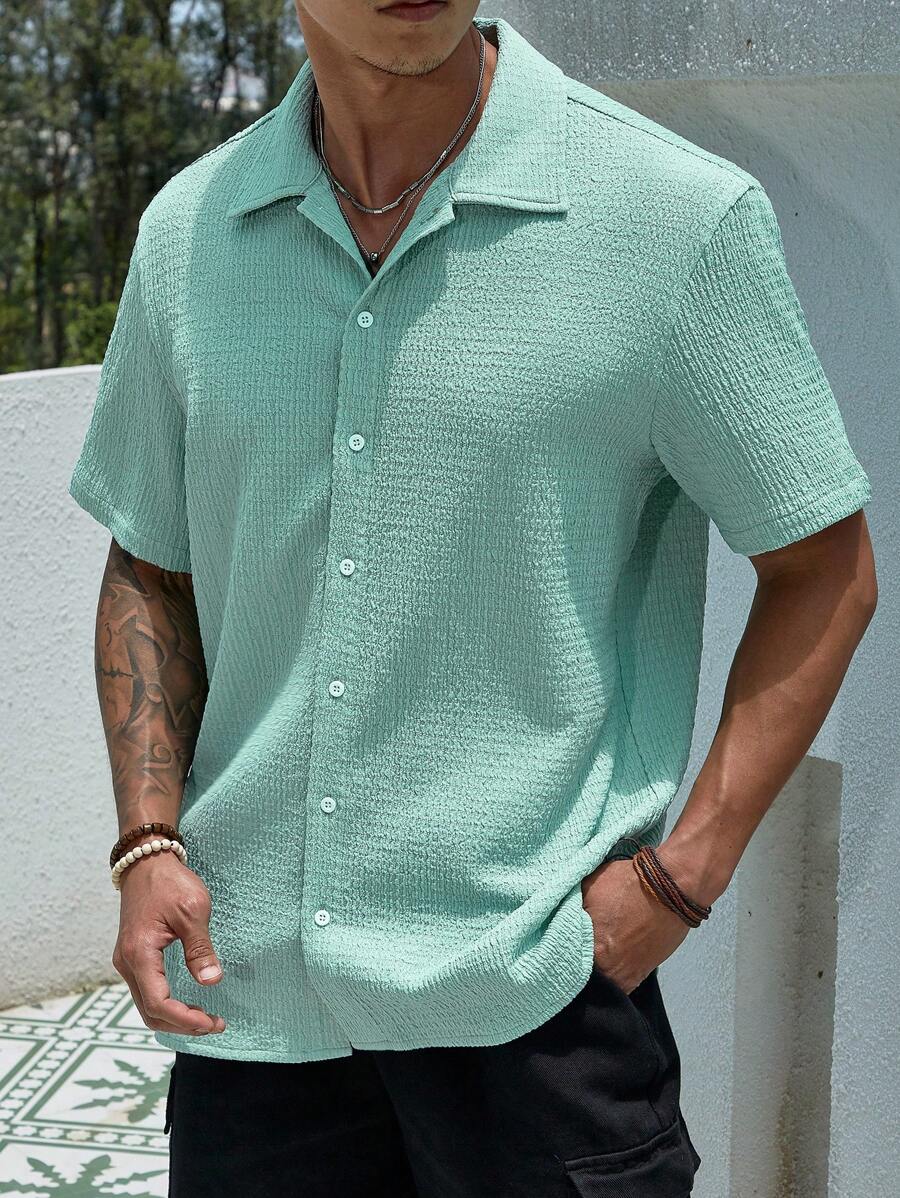 Manfinity Homme Áo sơ mi nam có nút cài chắc chắn Slim Fit tay ngắn có cổ áo sơ mi giản dị - Màu xanh bạc hà - Xem 1