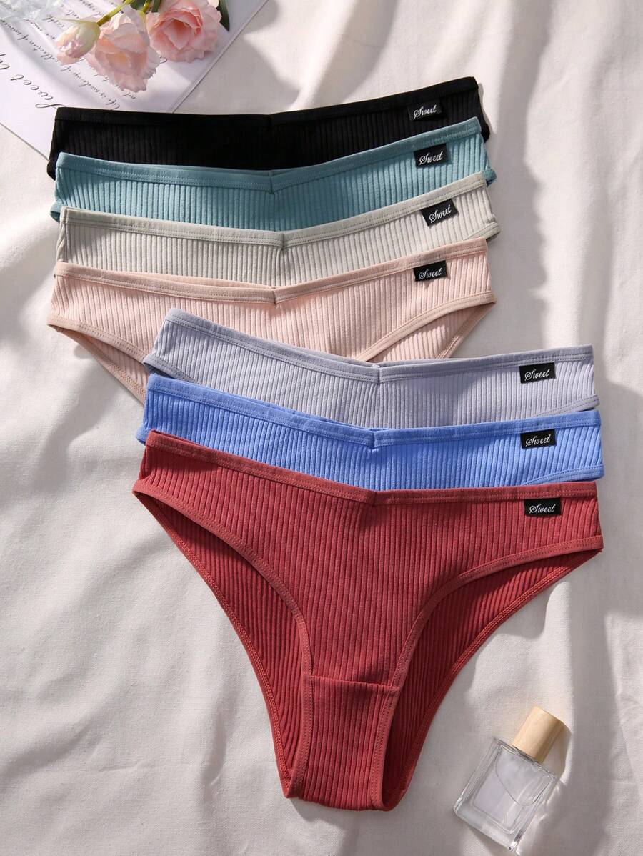 7pack Letter Patched Detail Ribbed Knit Panty - Multicolor - View 1