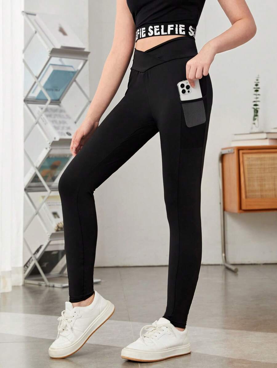 SHEIN Teen Girl Asymmetrical Waistband Phone Pocket Side Leggings - Black - View 1