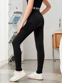 SHEIN Teen Girl Asymmetrical Waistband Phone Pocket Side Leggings - Black - View 2