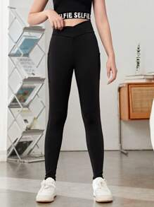 SHEIN Teen Girl Asymmetrical Waistband Phone Pocket Side Leggings - Black - View 3