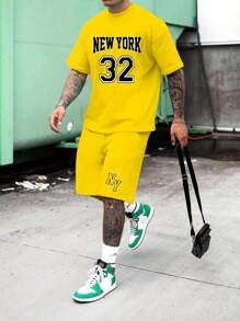 Manfinity RebelGame Men Letter Graphic Tee & Drawstring Waist Shorts - Yellow - View 1