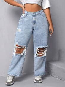 SHEIN EZwear Plus Ripped Boyfriend Jeans - Light Wash - View 3