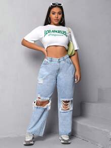 SHEIN EZwear Plus Ripped Boyfriend Jeans - Light Wash - View 5