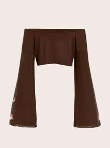 ROMWE Fairycore 蘑菇圖案一字肩鐘形袖短款T恤 - 咖啡棕 - 查看 2