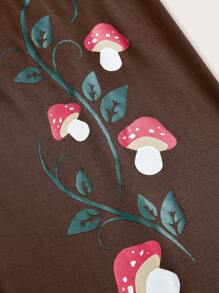 ROMWE Fairycore 蘑菇圖案一字肩鐘形袖短款T恤 - 咖啡棕 - 查看 3