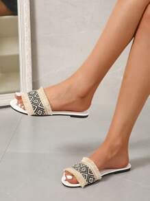 Phụ nữ không trơn trượt Braided Chi tiết Raw Trim Slide Sandals, Holiday Outdoor Flat Sandals - Đen và trắng - Xem 2