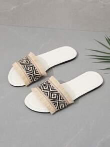 Phụ nữ không trơn trượt Braided Chi tiết Raw Trim Slide Sandals, Holiday Outdoor Flat Sandals - Đen và trắng - Xem 3