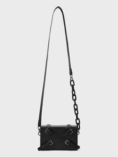 ROMWE Avant Bolsa cuadrada mini punk unicolor con diseño de hebilla con diseño de cadena para diariamente