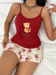 SweetSlumber Cartoon & Letter Graphic PJ Set / Pajama Set Bridallingerie - Red - View 1