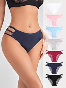 Women's Elegant High Stretch Knitted Fabric Lace Trim Briefs Multi-Color Plain Cut Out Underwear Set - Multicolor - View 7