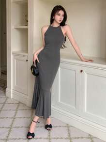 DAZY 素色魚尾裙下擺掛脖連衣裙 - 深灰色 - 查看 3