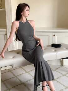 DAZY 素色魚尾裙下擺掛脖連衣裙 - 深灰色 - 查看 4