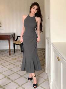 DAZY 素色魚尾裙下擺掛脖連衣裙 - 深灰色 - 查看 5
