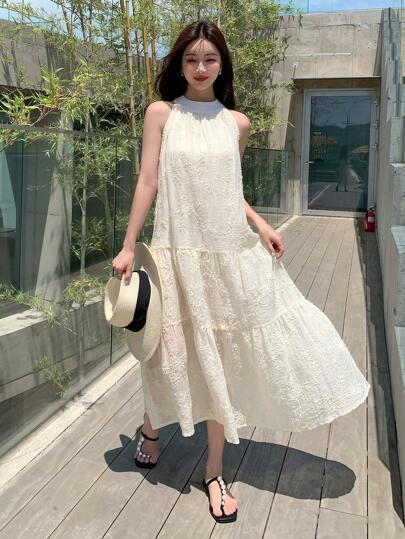 DAZY 纯色荷叶边下摆宽松连衣裙