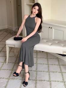 DAZY 素色魚尾裙下擺掛脖連衣裙 - 深灰色 - 查看 7