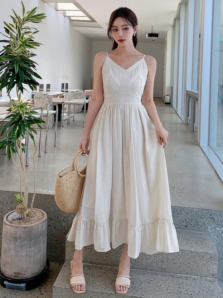 DAZY Solid Ruffle Hem Cami Dress - Beige - View 3