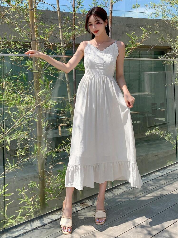 DAZY Solid Ruffle Hem Cami Dress - Beige - View 8