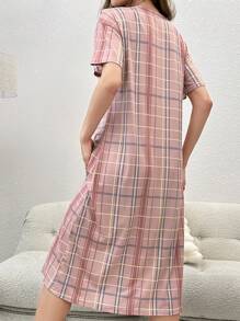 Plaid Print Half Button Pajama Nightdress - Multicolor - View 2