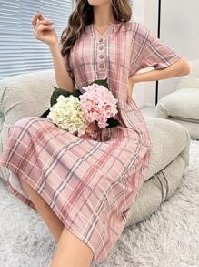Plaid Print Half Button Pajama Nightdress - Multicolor - View 4