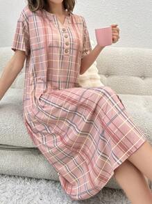 Plaid Print Half Button Pajama Nightdress - Multicolor - View 5