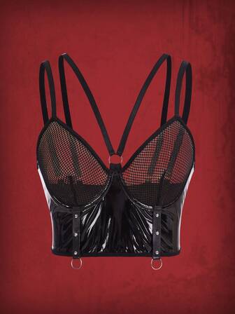 Grunge Punk حمالة صدر موحدة اللون مضفور شبكة صيد السمك متباين حلقة معدني