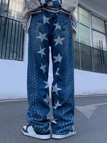 Jeans con estampado de estrella de pierna ancha - Azul lavado oscuro - Ver 2