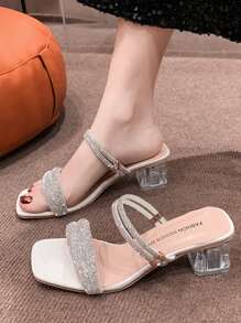 Mulheres Decoração De Strass Transparente Salto Grosso Mule Glamouroso Verão Salto Sandálias