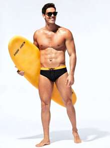 Manfinity KASUA Bóxer de baño para hombre con bloqueo de color, cintura con cordón, para vacaciones en la playa, estampado hawaiano - Negro - Ver 5