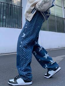 Jeans con estampado de estrella de pierna ancha - Azul lavado oscuro - Ver 3