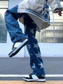 Jeans con estampado de estrella de pierna ancha - Azul lavado oscuro - Ver 4