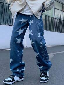 Jeans con estampado de estrella de pierna ancha - Azul lavado oscuro - Ver 5