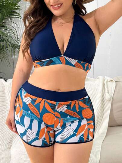 Plus Size Plant Print Tie Front Halter Bikini Set Summer Beach