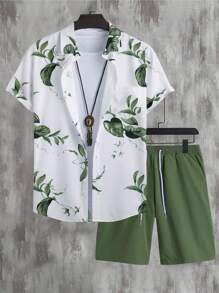 Manfinity RSRT 男士植物圖案襯衫和腰部抽繩短褲不帶T恤 - 彩色 - 查看 6