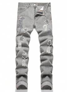 男士棉星星補丁貼破洞抽鬚緊身牛仔褲 - 淺灰色 - 查看 1